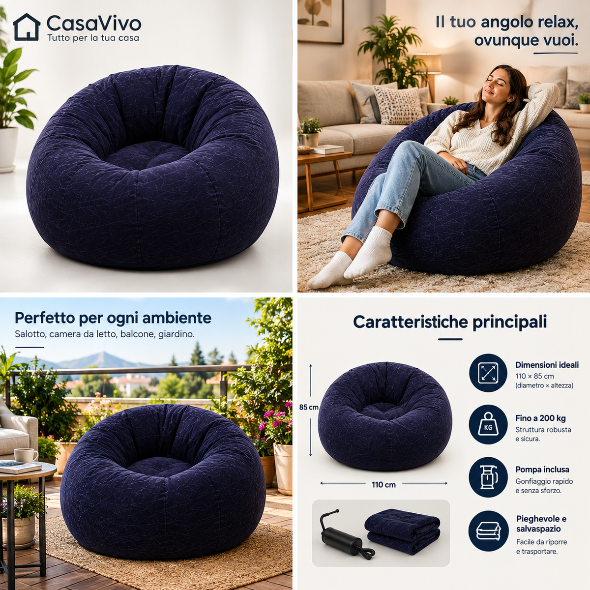 CasaVivo Divano Gonfiabile Lazy Blu